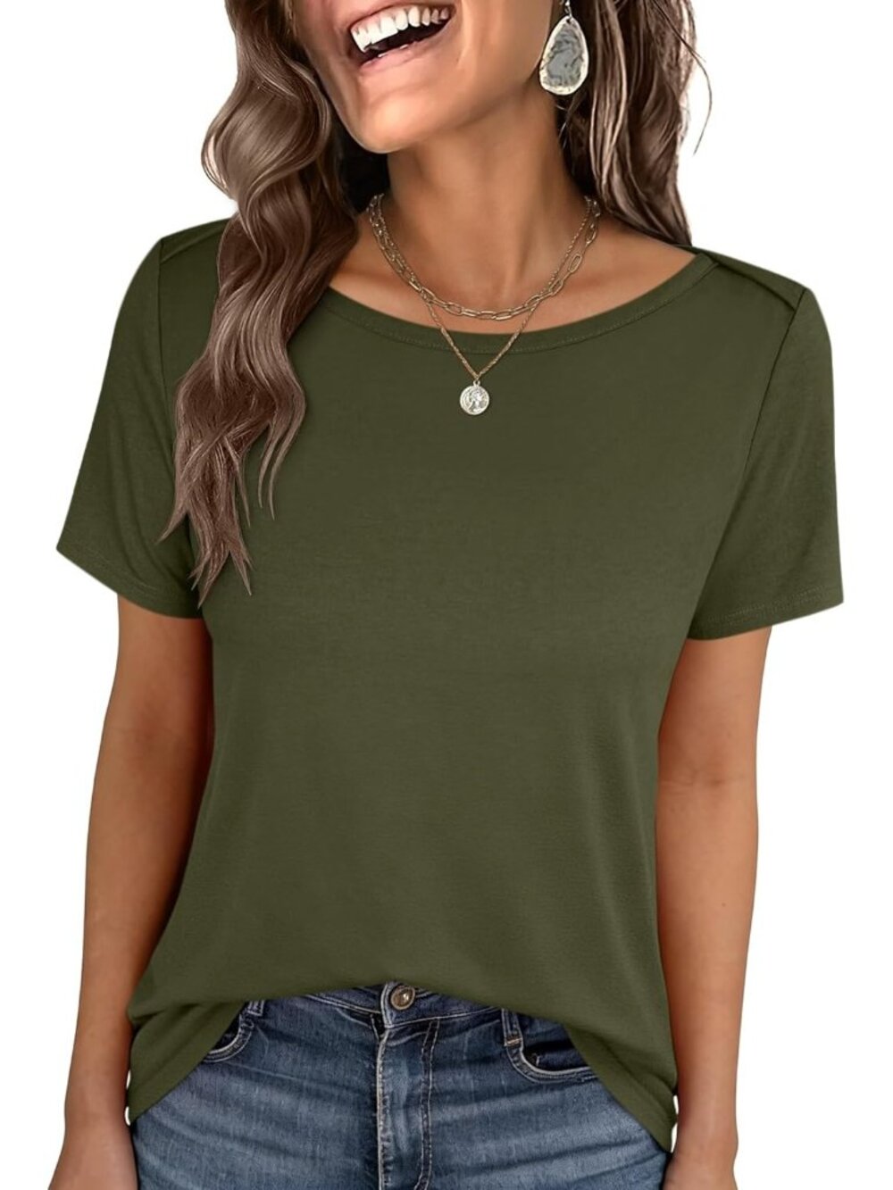 Women's Army Green Boat Neck Tops Short Sleeve T-Shirts Causal Fashion Clothes